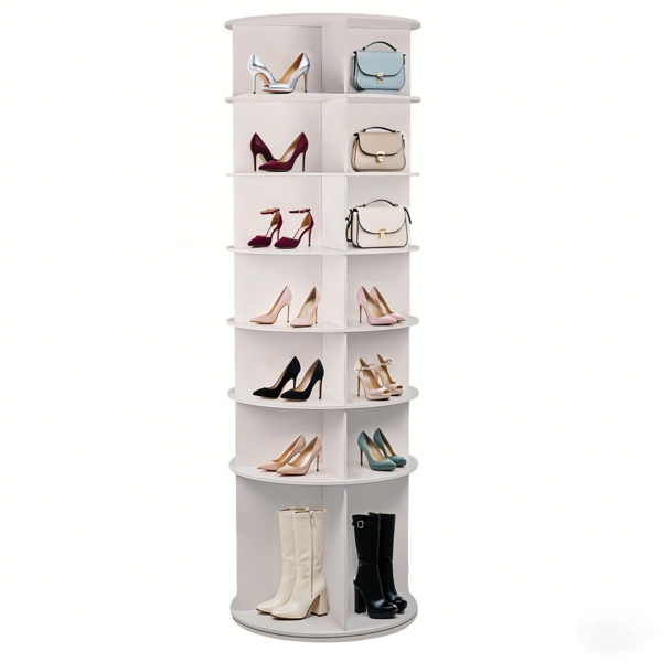 7 Tier Rotating Shoe Rack, High Bottom Design Rotating Shoe Rack Tower, Free Standing 360° Spinning Shoe Organizer, Round Display Spinning Shoe Rack Tower, Fits 28 Pairs of Shoes (White)