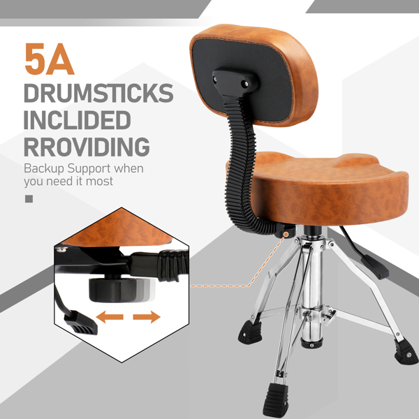 Drum Throne with Backrest, Hydraulic Drum Stool Adjustable Height, Heavy Duty Hydraulic Drum Seat Saddle Design for Drummers Brown