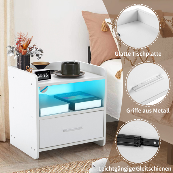 39*29*41cmcm Particleboard Pasted Triamine Single Drawer With Socket With LED Light Bedside Table White