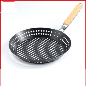BBQ Folding Grill Pan with Holes 12\\" Nonstick Grill Skillet with Wooden Foldable Handle, Camping Cookware-Kabob-Grill Pan for Outdoor Barbecue
