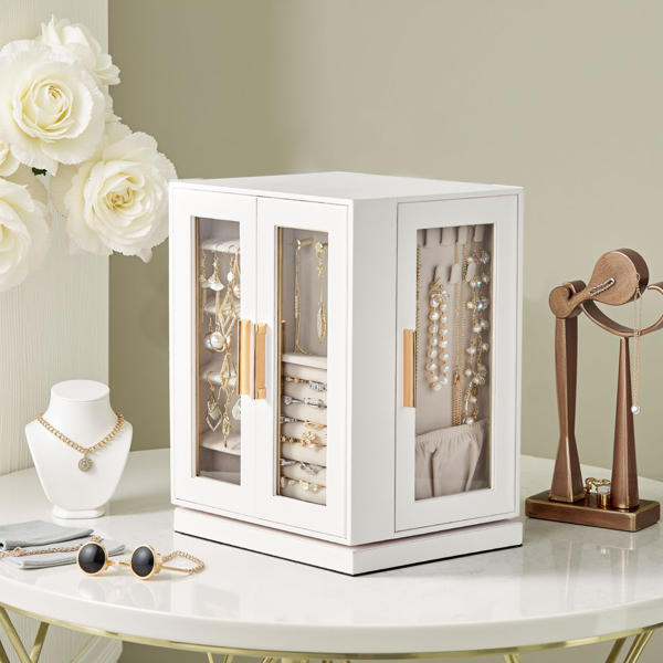 360° Rotating Jewelry Box with 5 Drawers - White Cabinet & Pink Velvet Storage (22x18x28.5cm)