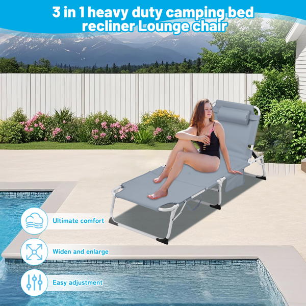 3-in-1 Heavy Duty Tanning Chair with Face Hole Adjustable 5-Position Folding Chaise Lounge Chairs for Outside Portable Lay Flat Beach Lounge Chair for Outdoor Sunbathing Patio Pool Lawn Camping Deck