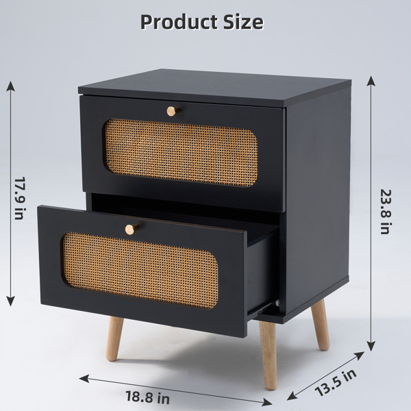 2-drawer Rattan Nightstand for Bedroom and Living Room, End Table, Side Table with 2 Hand Made Rattan Decorated Drawers 