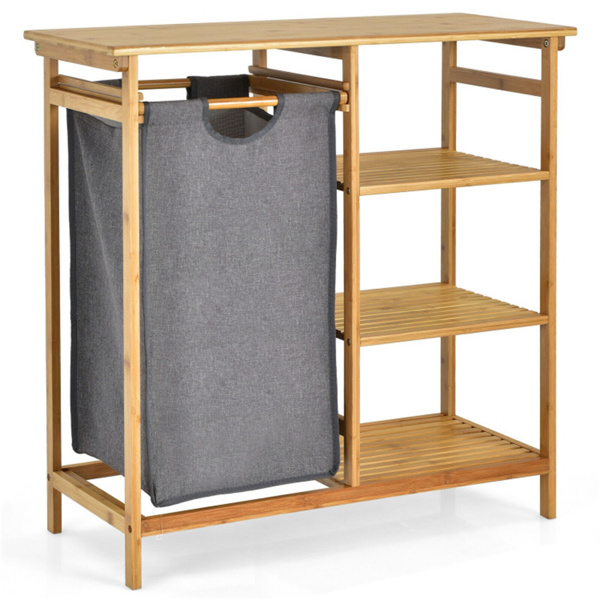 Bamboo Laundry Hamper Stand with 3-Tier Open Shelves