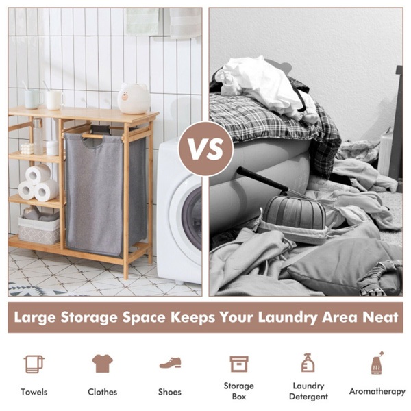 Bamboo Laundry Hamper Stand with 3-Tier Open Shelves