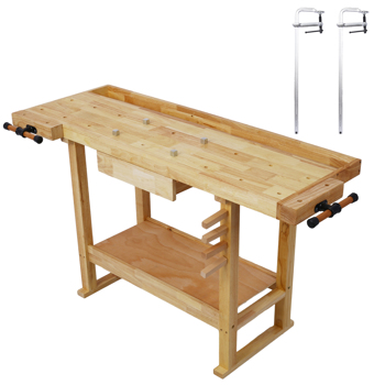 55-Inch Wood Workbench - Wooden Workbench for Garage Workshop and Home, with Bar Clamps Set 24 inch x 4-3/4 inch Throat