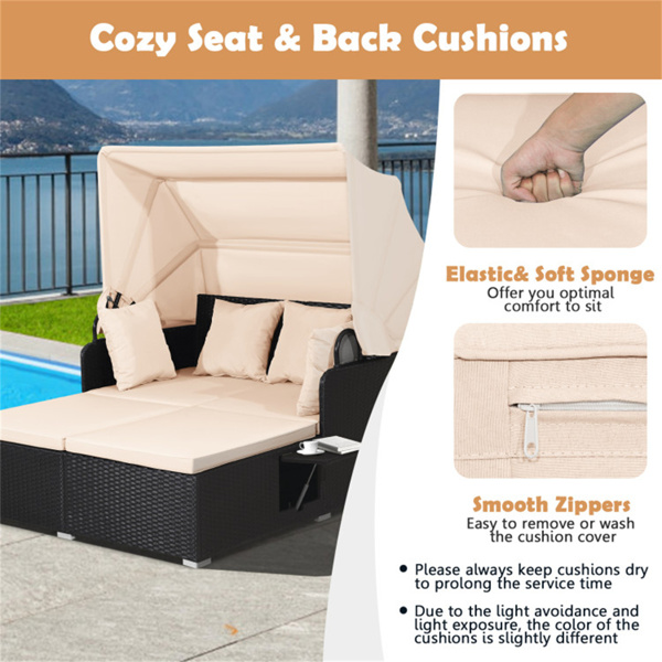 Beige  Rattan Daybed Lounge W/ Retractable Top Canopy Side Tables Cushions 