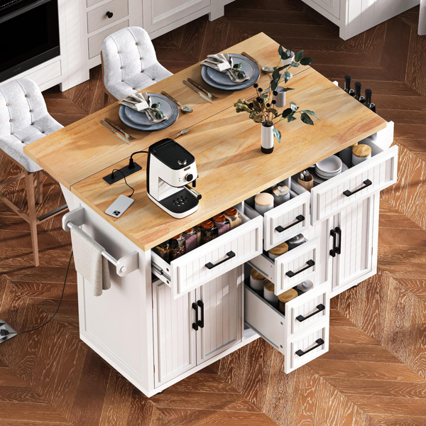 56.5'' Kitchen Island with Drop Leaf, Power Outlet, Embossed Vertical Stripe Rolling Kitchen Cart on Wheels with 4 Doors , 5 Deep Drawers and Adjustable Shelves, for Kitchen, Dining Room, White