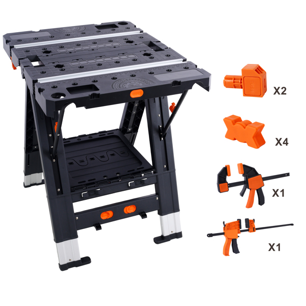 Portable Folding Work Table, 2-in-1 as Sawhorse & Workbench, Large Load Capacity with 2pcs Clamps 