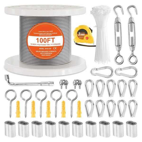 1/8英寸7x7钢丝绳，100英尺长，用于栏杆和支撑的高强度电缆，适用于各种应用的耐用结构（周末不发货，禁售亚马逊）-1