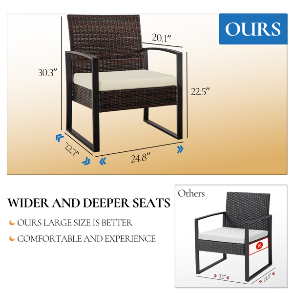 3 件套户外 PE 柳条家具套装，露台棕色藤条组合沙发，带可洗靠垫-4