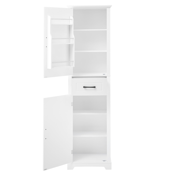 高浴室储物柜，独立式储物柜，带两个门和可调节搁板，门搁板设计，MDF 板，涂漆饰面，白色-23