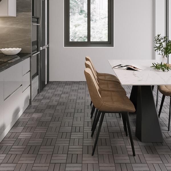 30 块棋盘格图案互锁甲板瓷砖，12 英寸 x 12 英寸方形浅灰色相思木硬木户外地板，适用于露台、阳台、泳池边-10