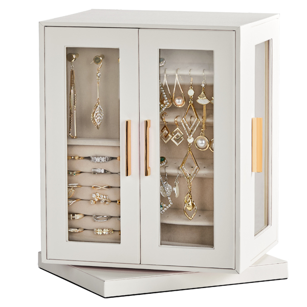 360° Rotating Jewelry Box with 5 Drawers - White Cabinet & Pink Velvet Storage (22x18x28.5cm)