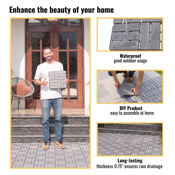 30 块棋盘格图案互锁甲板瓷砖，12 英寸 x 12 英寸方形浅灰色相思木硬木户外地板，适用于露台、阳台、泳池边-9