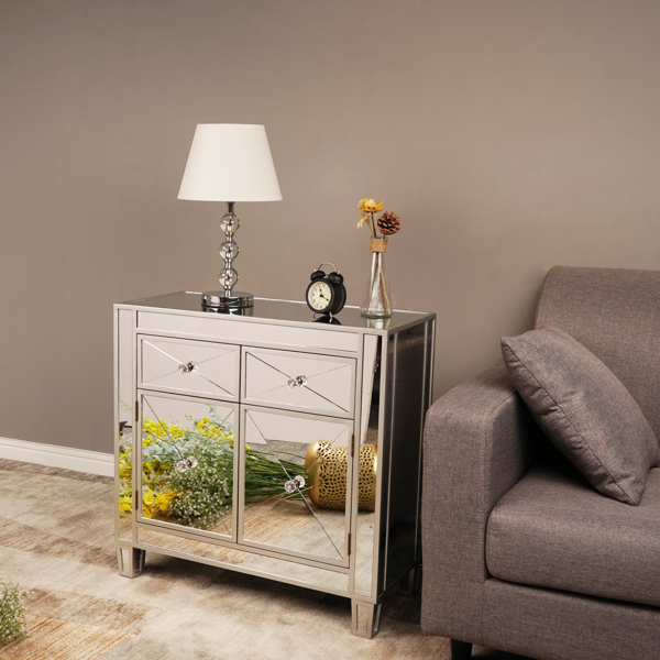28in MDF With Mirror Surface Two Drawers Two Doors Bedside Table Silver