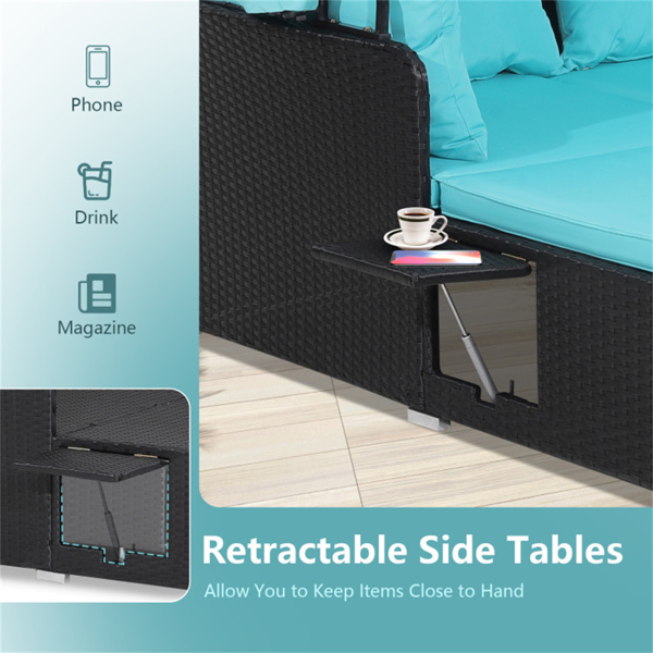 Turquoise Rattan Daybed Lounge W/ Retractable Top Canopy Side Tables Cushions 