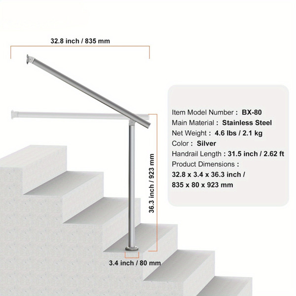 31.5英寸80cm户外踏步扶手，耐用的门廊甲板支撑，可调节各种踏步高度，易于安装（周末不发货，禁售亚马逊）-11
