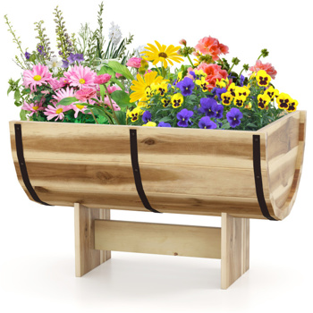 Outdoor Wooden Planter Solid Acacia Wood Half-Barrel Planter Box With Legs 