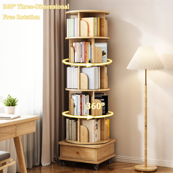 6 Tier Rotating Bookshelf, 360° Display Round Spinning Bookshelf with Wheels and Drawer, Space-Saving, Small Space Rotating Bookshelf Tower for Bedroom, Living Room, Home, Office, Wood Color