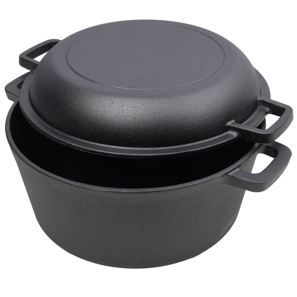 2 in 1 Pre-Seasoned Cast Iron Dutch Oven With Dual Handles, Outdoor Camping Deep Pot for Camping Fireplace Cooking BBQ Baking Campfire, 5 Quart.With 2pcs Silicone Handel Covers.