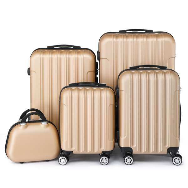 5-Piece Suitcase Set, Travel Suitcase Set with Cosmetic Case, Hard Shell Suitcase Set Made of ABS, Luggage Set with Vanity Case, Champagne gold