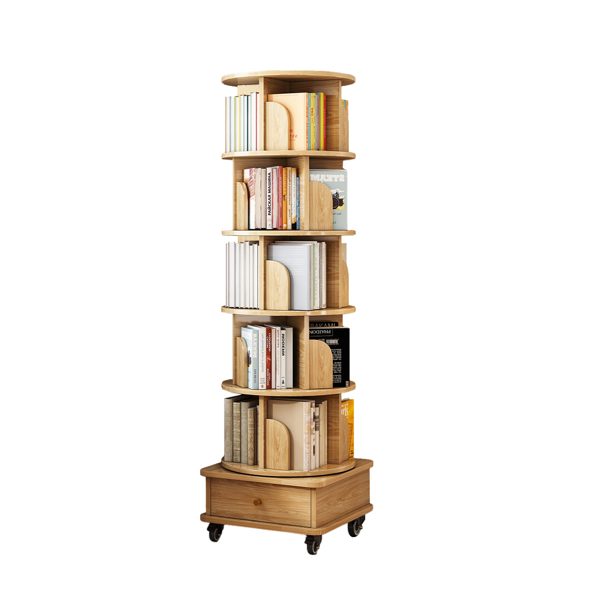 6 Tier Rotating Bookshelf, 360° Display Round Spinning Bookshelf with Wheels and Drawer, Space-Saving, Small Space Rotating Bookshelf Tower for Bedroom, Living Room, Home, Office, Wood Color