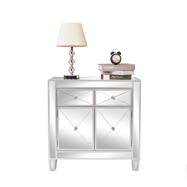 28in MDF With Mirror Surface Two Drawers Two Doors Bedside Table Silver