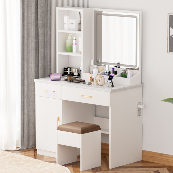 32'' Wide Makeup Vanity Desk with Lighted Mirror and Power Outlet, Dressing Table with Large Storage Space and Cushioned Stool for Bedroom & Studio