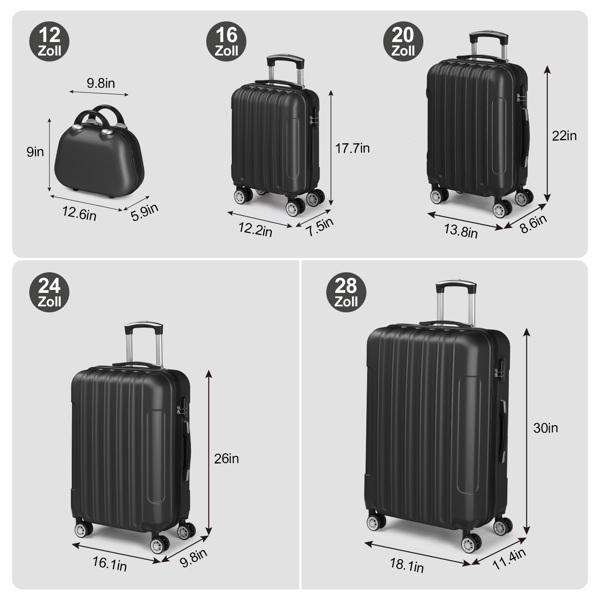 5-Piece Suitcase Set, Travel Suitcase Set with Cosmetic Case, Hard Shell Suitcase Set Made of ABS, Luggage Set with Vanity Case, black