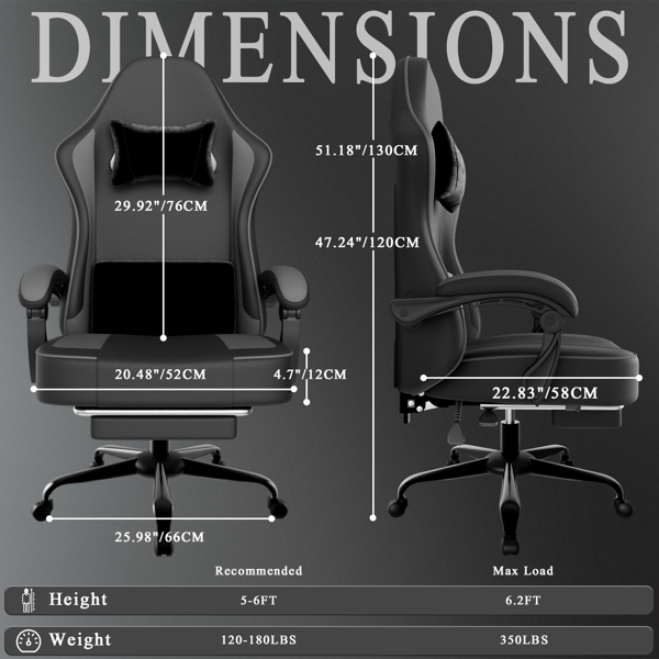 游戏椅，带袋装弹簧坐垫和脚踏，符合人体工学的成人电脑椅，透气 PU 皮革游戏椅，可调节头枕和腰部支撑办公桌椅（TEMU仅限自提）-2
