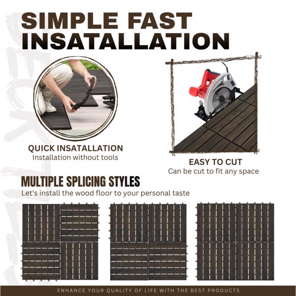 10 块联锁甲板瓷砖条纹图案，12 英寸 x 12 英寸深棕色方形相思木硬木户外地板，适用于露台、阳台、泳池边-12