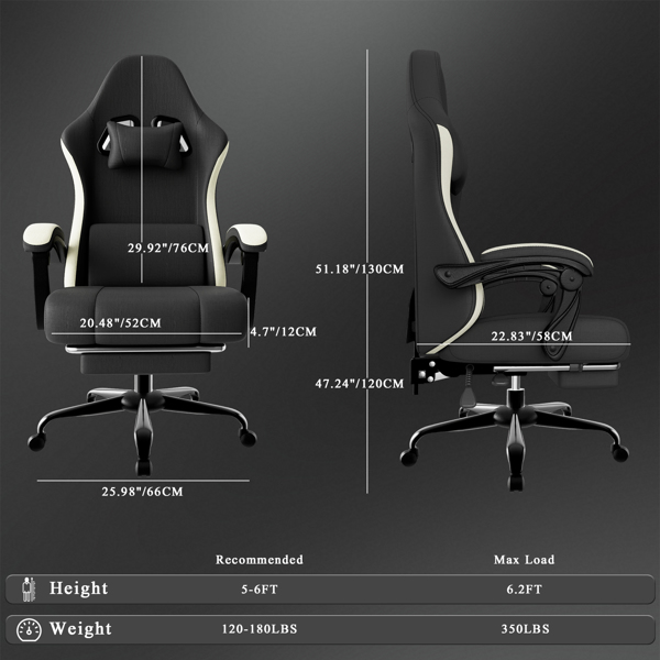 带袋装弹簧坐垫的人体工学游戏椅，带脚踏的透气织物电脑椅，可调节腰部支撑 成人游戏椅 黑色（TEMU仅限自提）-2