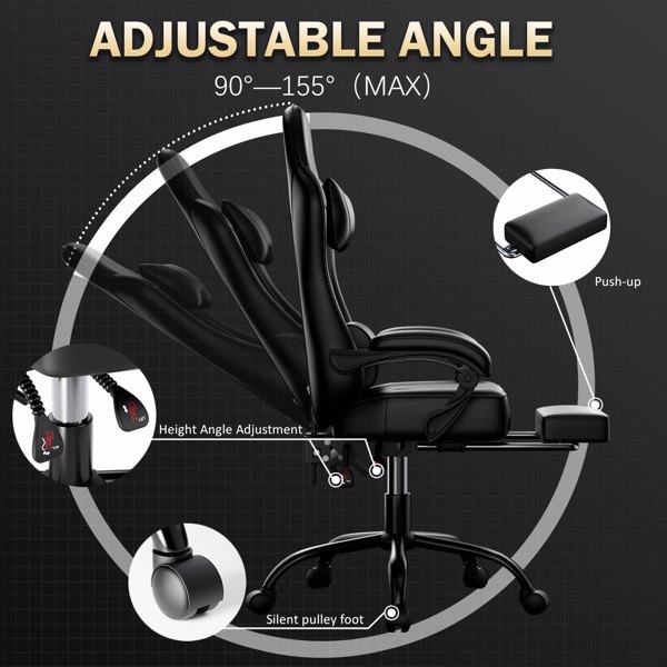 游戏椅，带脚踏和腰部支撑的电脑椅，带头枕的人体工学游戏椅，可调节高度的游戏玩家椅，办公桌椅-3