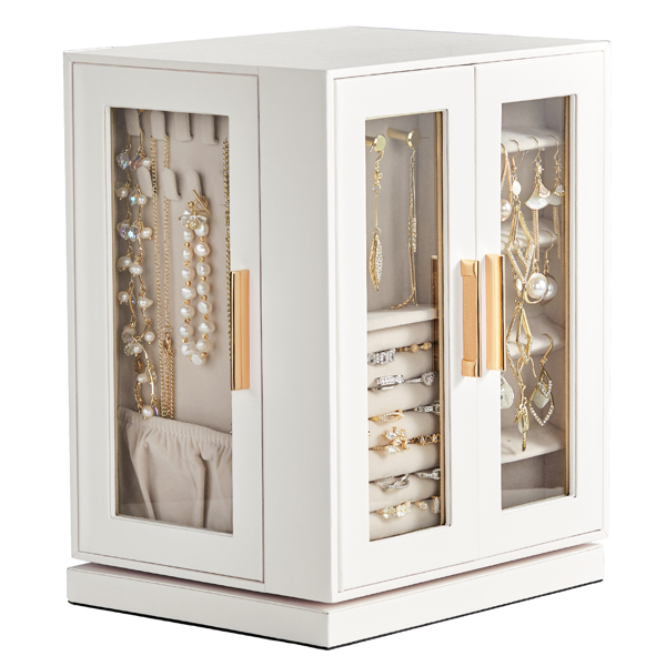 360° Rotating Jewelry Box with 5 Drawers - White Cabinet & Pink Velvet Storage (22x18x28.5cm)