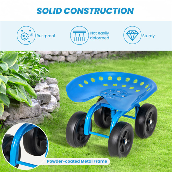 360° Garden Rolling Workseat with Swivel Seat and Adjustable Height-Blue 
