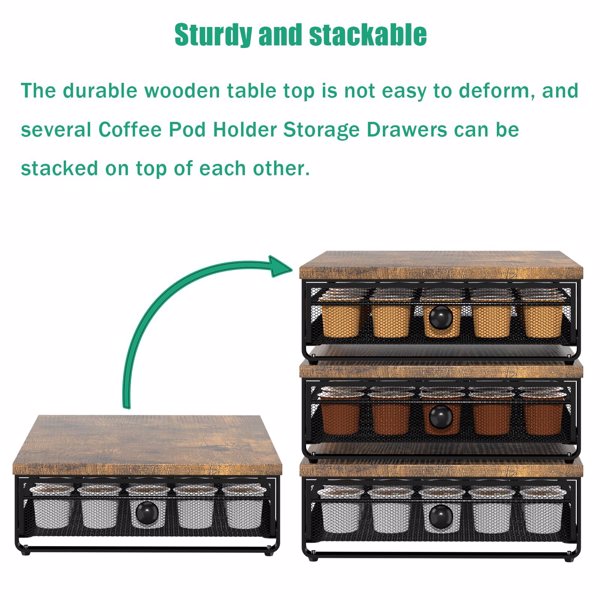 K Cup Organizer, Coffee Pod Holder Rack, Under Cabinet Pod Holder with Sliding Drawer holds up to 35 K-Cup Pods, No Assembly Needed, Rustic Brown