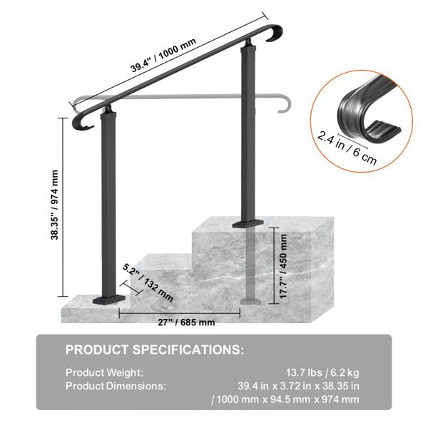 可调节户外踏步扶手，适合1-3级台阶，混凝土或木制楼梯的黑色过渡设计，前廊安全栏杆（周末不发货，禁售亚马逊）-7