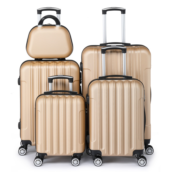 5-Piece Suitcase Set, Travel Suitcase Set with Cosmetic Case, Hard Shell Suitcase Set Made of ABS, Luggage Set with Vanity Case, Champagne gold