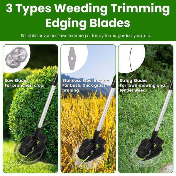 （物流随机发，自提可发加拿大）-21V 电动除草机 充电式线绳修剪器 割草机 除草机 配备 16800RPM 2x 3000mAh 电池 3.6-4.6FT 长度 90° 可旋转角度锯片 钢制锯片 线绳锯片-3