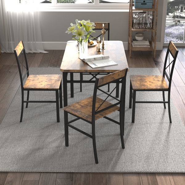 Dining Table Set for 4, Wood Kitchen Table with Chairs Dinning Table Set for Kitchen & Dining Room, Compact Dining Set for Small Spaces, Rustic Brown 