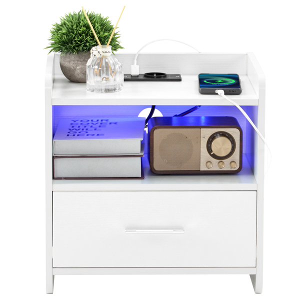 39*29*41cmcm Particleboard Pasted Triamine Single Drawer With Socket With LED Light Bedside Table White