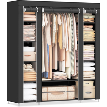 Portable Wardrobe Closet, Freestanding Clothes Rack with Non-Woven Dust Cover, 12 Compartments Storage Organizer, 59 X 17.7 X 69 Inches, Black, for Bedroom and Home Organization