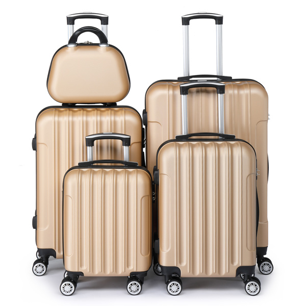 5-Piece Suitcase Set, Travel Suitcase Set with Cosmetic Case, Hard Shell Suitcase Set Made of ABS, Luggage Set with Vanity Case, Champagne gold