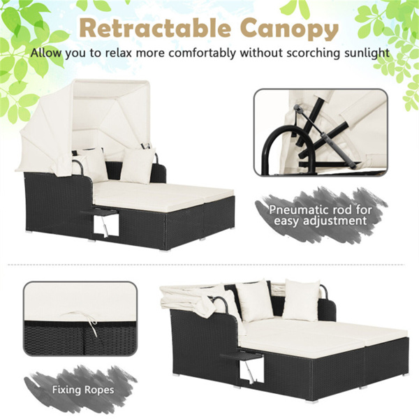 White Rattan Daybed Lounge W/ Retractable Top Canopy Side Tables Cushions 
