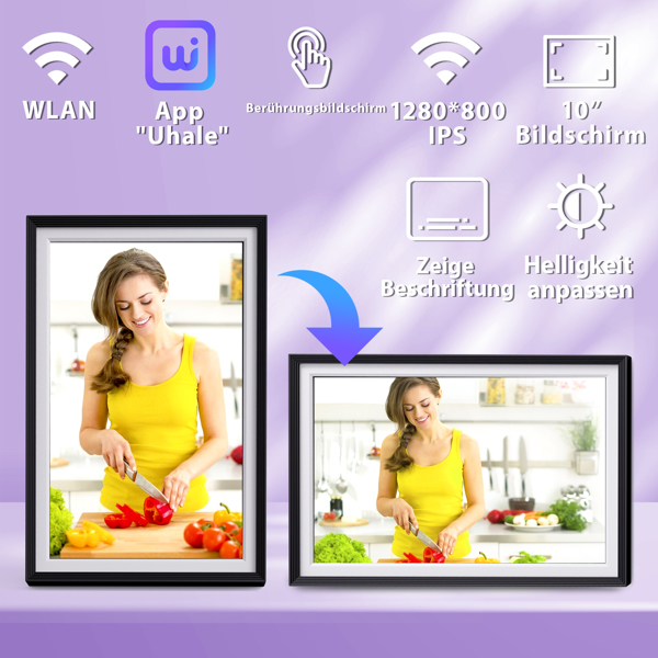 Digital photo frame with WiFi photo transfer. Digital picture frame with 1280x800 pixels, 32 GB, electronic photo frame with Uhale photo/video-sharing feature.