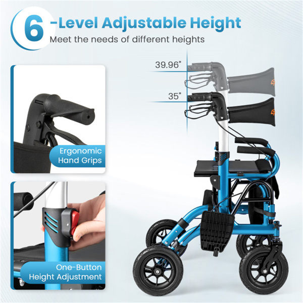 New 2-in-1 Foldable Rollator Walker with 9 Inch Pneumatic Tires 