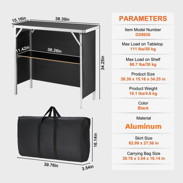 Folding Portable Bar Table with Carrying Case, Storage Shelf, and Black Skirt, 38.39