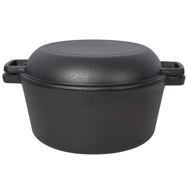 2 in 1 Pre-Seasoned Cast Iron Dutch Oven With Dual Handles, Outdoor Camping Deep Pot for Camping Fireplace Cooking BBQ Baking Campfire, 5 Quart.With 2pcs Silicone Handel Covers.
