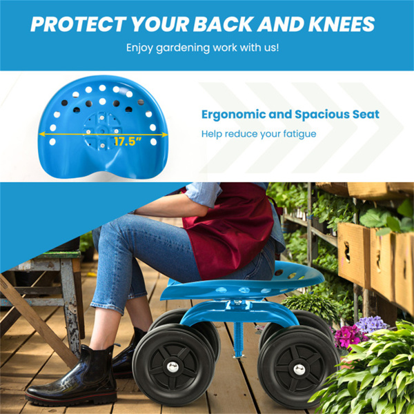 360° Garden Rolling Workseat with Swivel Seat and Adjustable Height-Blue 
